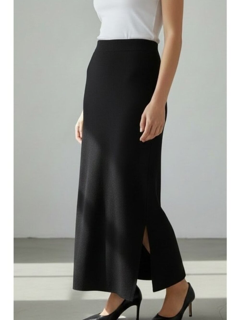 Misook Black Knit Maxi Skirt Side Slit Pull On Minimalist Career Chic Size XL